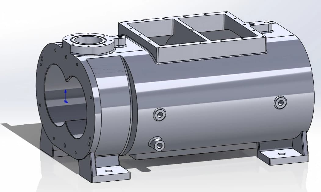 3D CAD model of a dry screw pump housing with twin bore opening, top port, and mounting feet