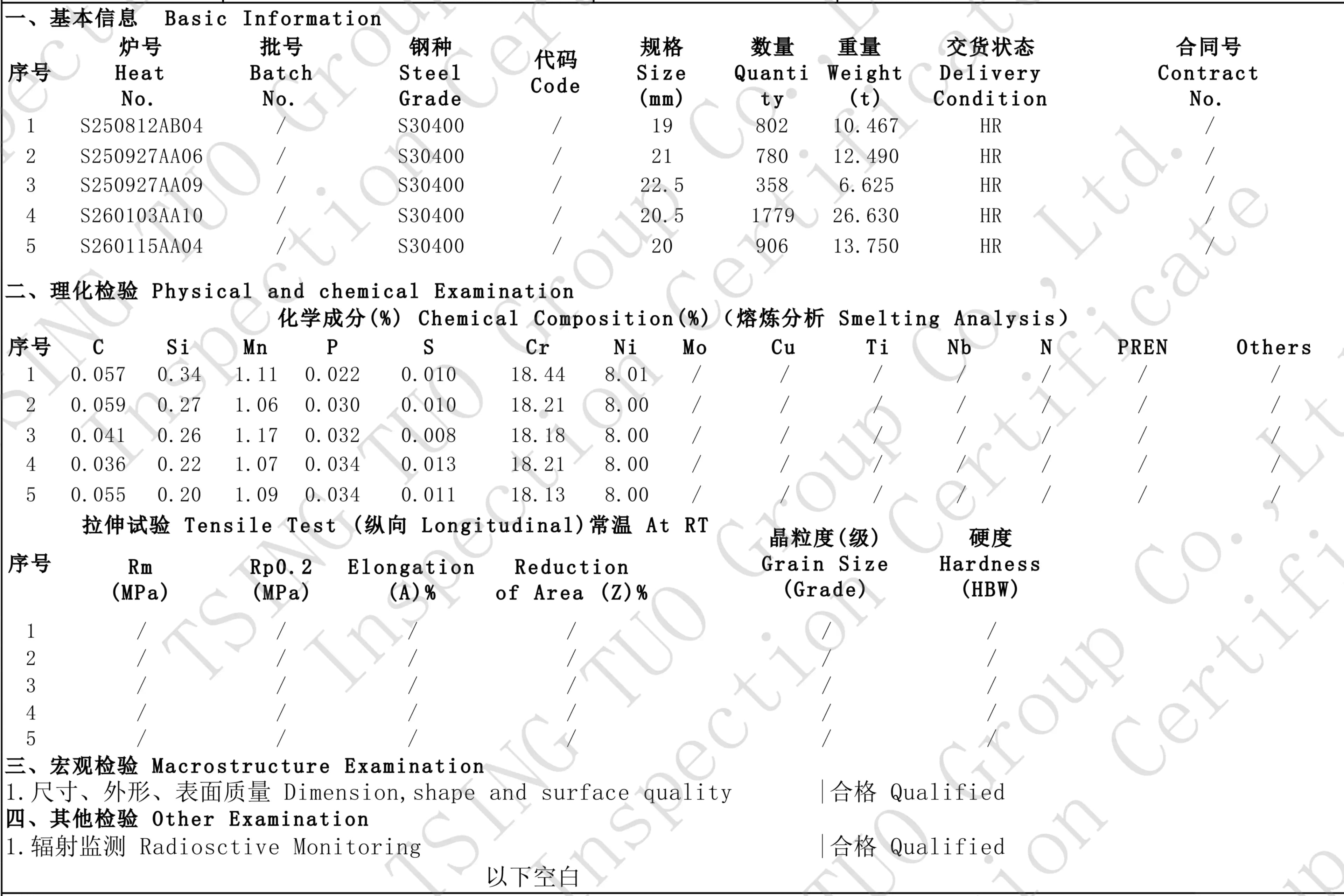 Material test certificate sample retained per heat lot for traceability of pump shaft steel
