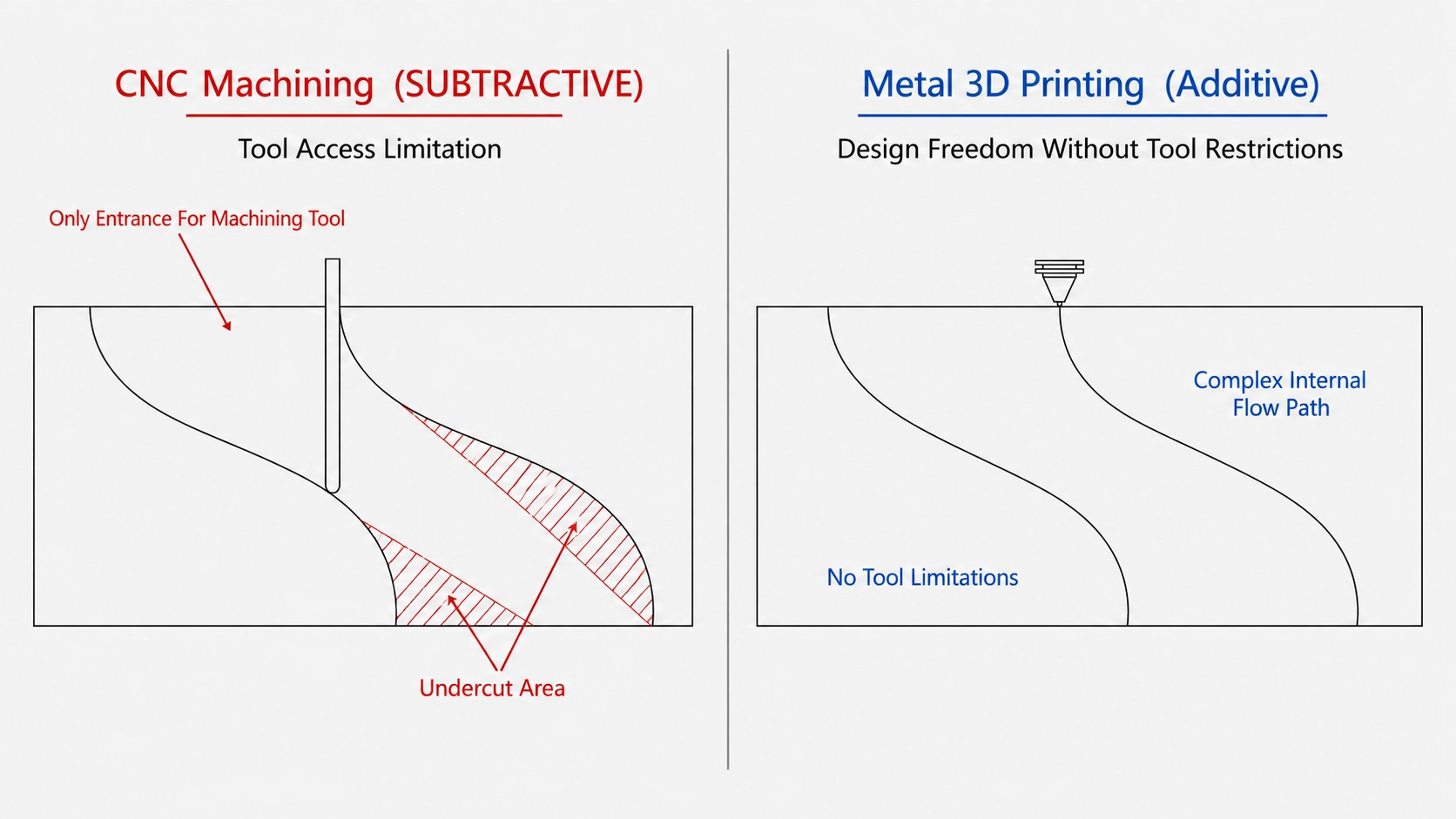 Diagram showing how CNC cutting tools cannot reach deep internal cavities or undercut features