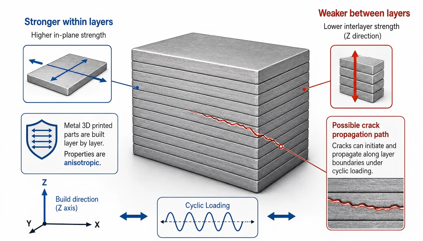 Illustration of anisotropic strength in metal 3D printed parts due to layered build structure