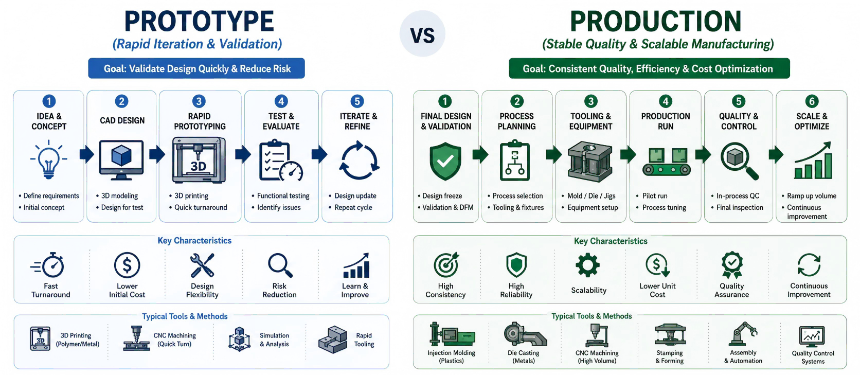 Comparison of 3D printing for rapid prototyping versus CNC machining for batch production