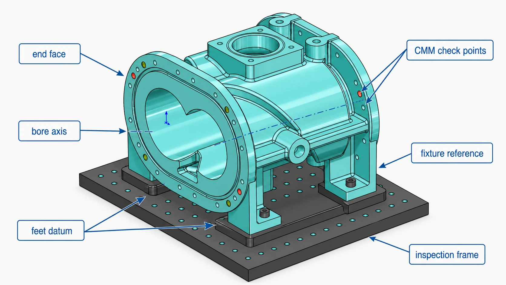 Dry screw pump housing CAD diagram labeled with feet datum, end face, bore axis, CMM check points, fixture reference, and inspection frame