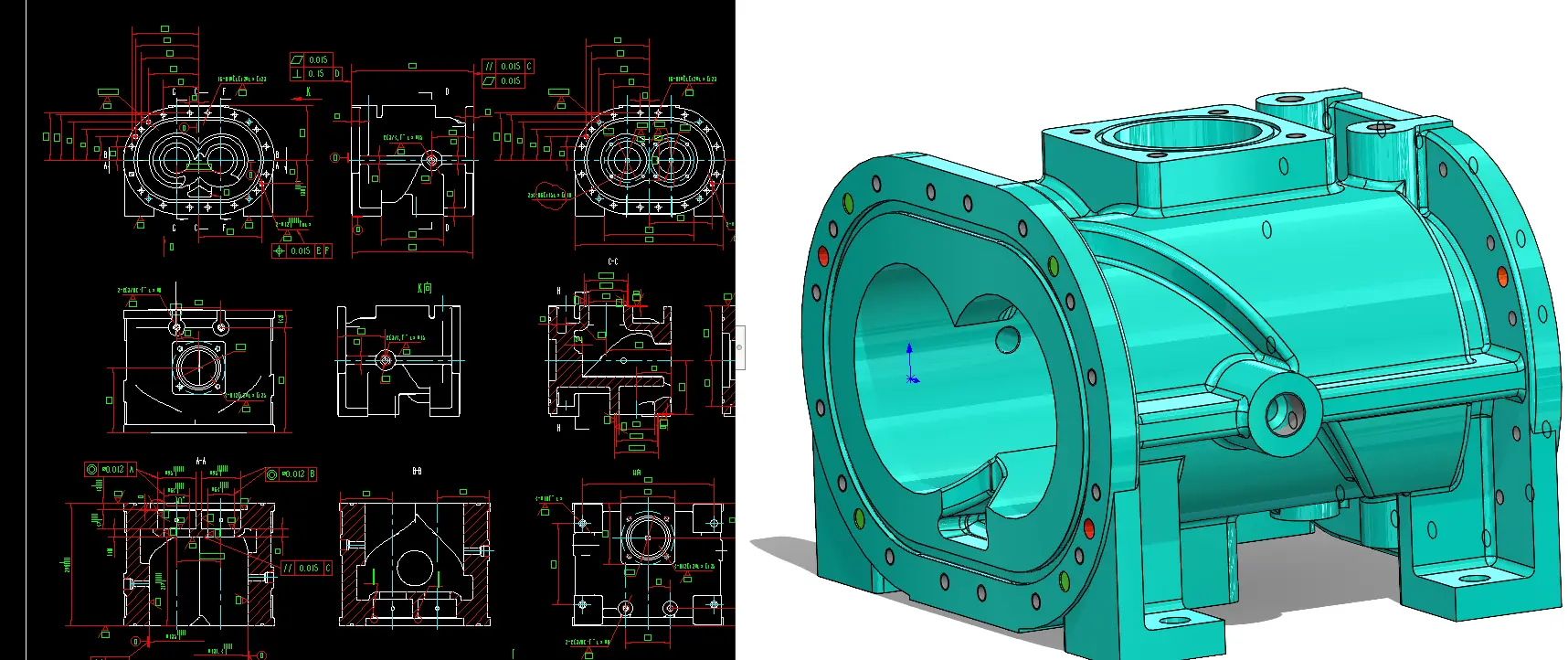 Dry screw pump housing engineering drawing shown beside the matching 3D CAD model
