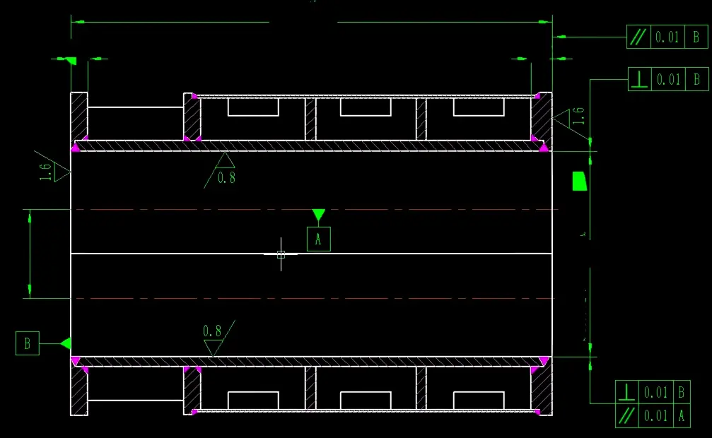 Black-background dry screw pump housing section drawing with datum A and B labels, twin bore axes, 0.01 mm GD&T callouts, and surface-finish notes