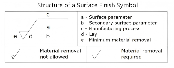 Surface finish Ra callout symbols on engineering drawings showing parameter, value, process and lay direction per ISO 21920 and ASME Y14.36 standards