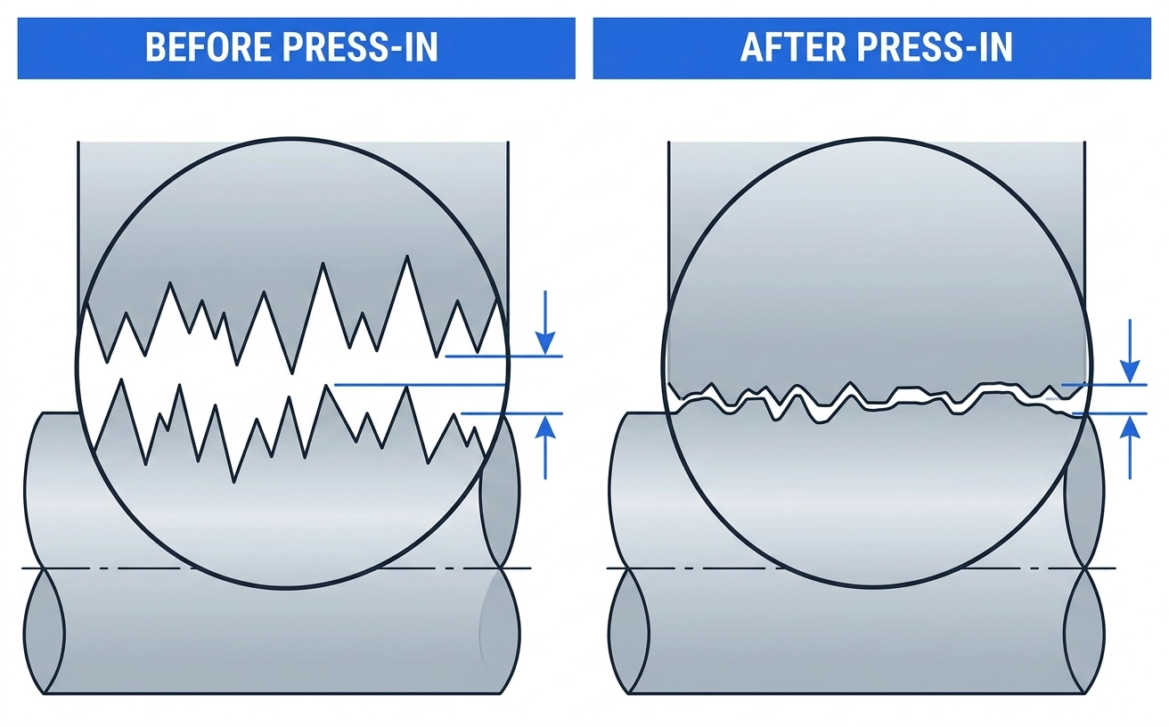 Microscopic cross-section showing how surface peaks on a shaft and bore flatten during press fit, reducing the theoretical interference into a smaller effective interference