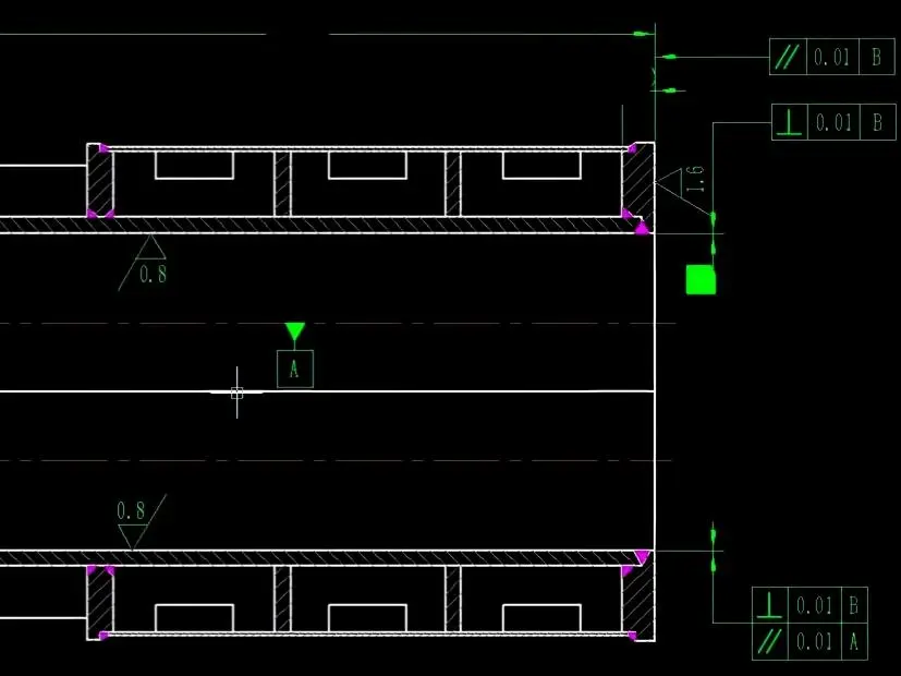 Twin-bore parallelism callout on a dry screw vacuum pump housing, with the two rotor bores referenced to a common datum and the inspection probe path indicated