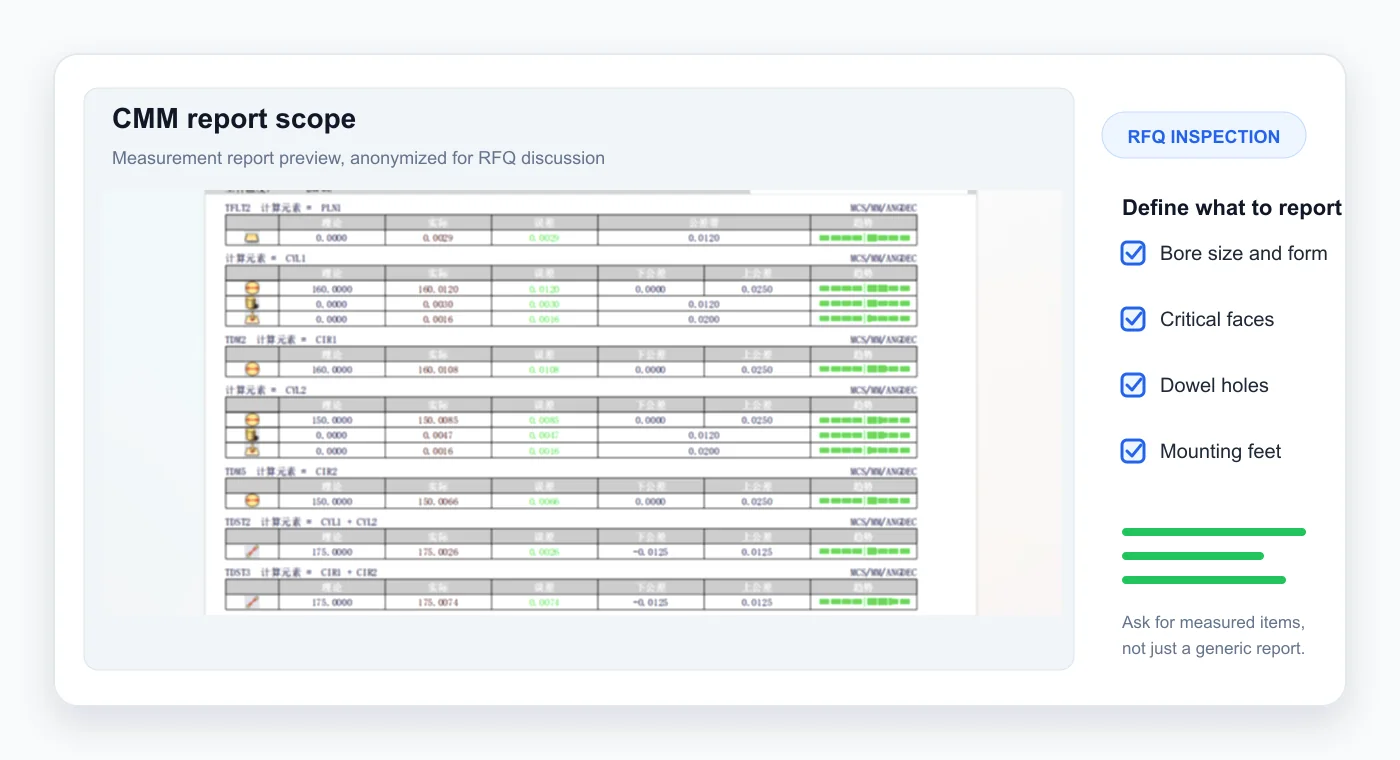 Anonymized CMM report scope for dry screw pump housing bore, face, dowel hole, and mounting foot checks