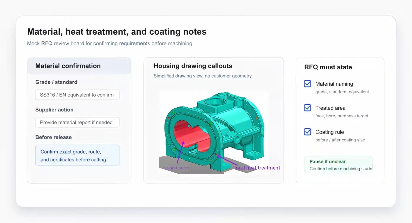 Dry screw pump housing RFQ material report, local heat-treatment callout, and coated-bore size notes